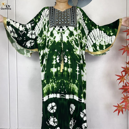 2025 New African Abaya For Women Dress Loose Batwing Sleeve Pockets High-quality Tie-dye Pure Cotton Fabric Women Islam Clothing.