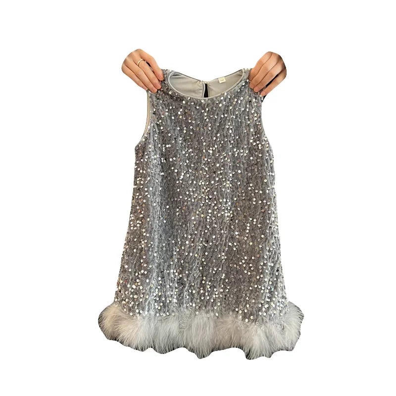 Pailletten Mädchen Prinzessin Kleid Grau Rundhals Ärmellose Feder Weste Kleid Kinder Geburtstag Party Kleid Performance Kleid.