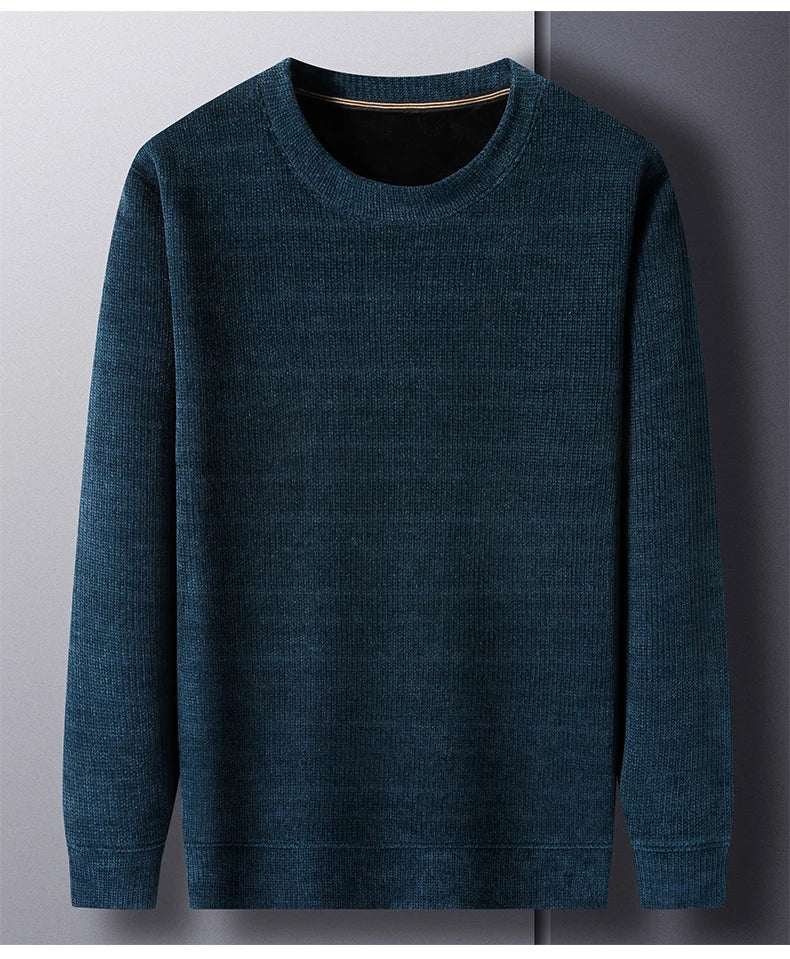 Fleece-Lined Knitted Pullover Sweater Casual Jumper for Men Insulated Warm Long Sleeve Thick Material Round Neck Design.