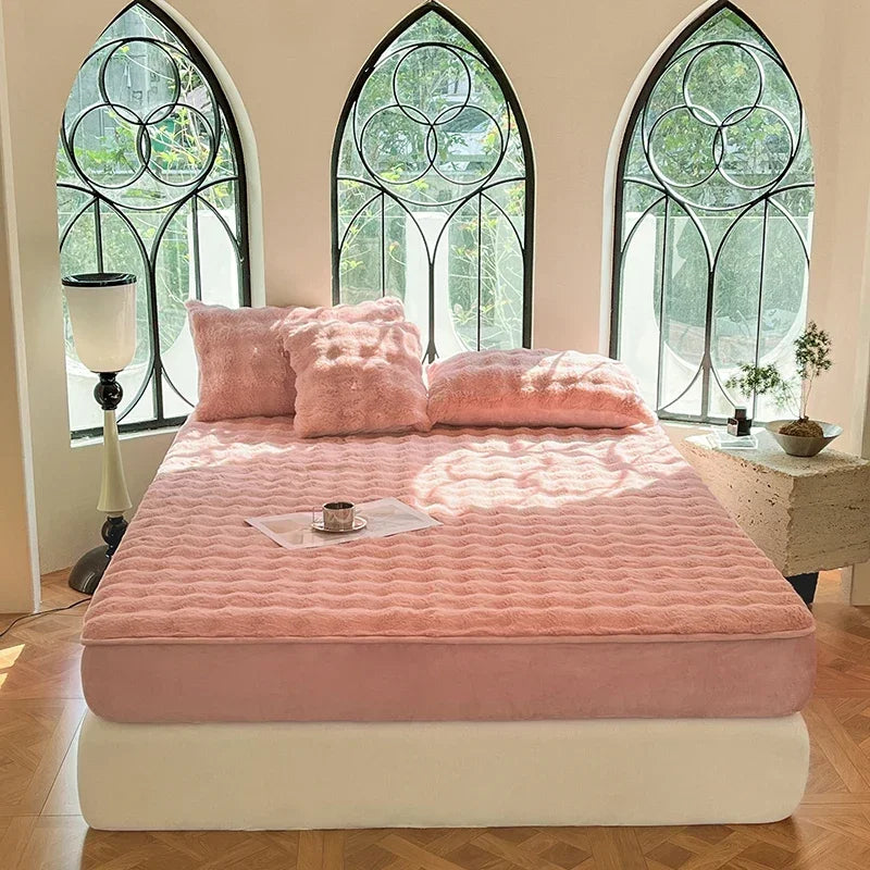 Fluffy Plush Fitted Bed Sheet Solid Color Long Hair Fleece Bed Cover For Double Bed fundas de colchón Winter Warm Mattress Cover.