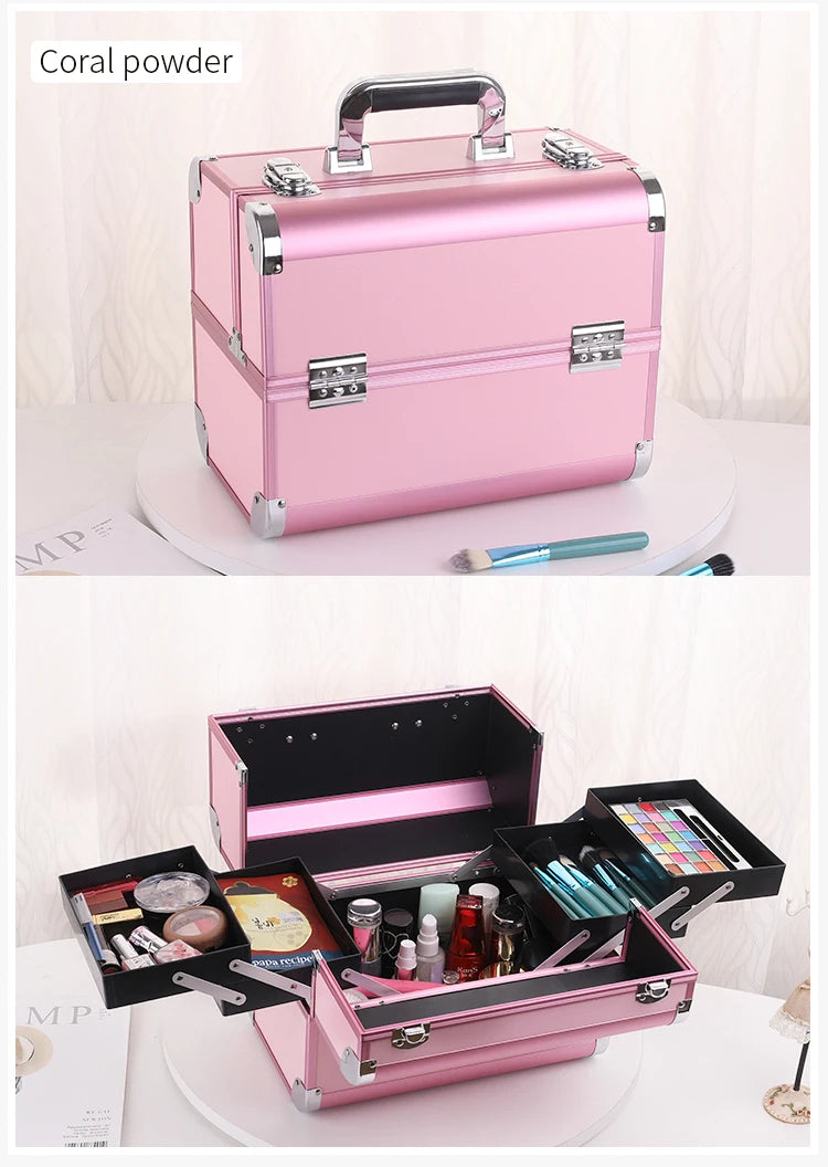 Makeup Train Case Aluminum Alloy Case Pedicure Tool Box with Handle Cosmetic Box Portable Makeup Case Organizer.