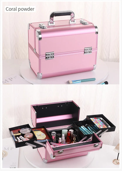 Makeup Train Case Aluminum Alloy Case Pedicure Tool Box with Handle Cosmetic Box Portable Makeup Case Organizer.