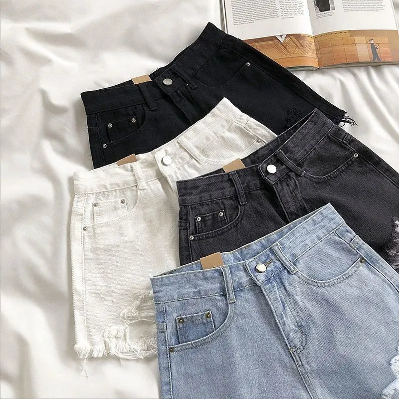 Korean Denim Shorts Women Summer Fashion Casual High Waist Ripped Jeans Pocket Tassel Y2K Hot Pants Streetwear Blue Trousers.