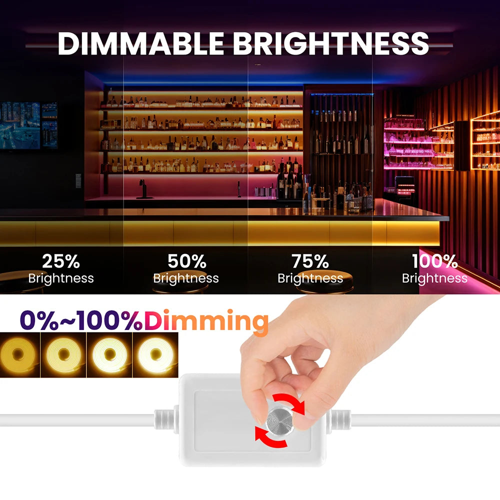 Dimmable COB LED Neon Light Strip 220V Dimmer Power Kit Waterproof 10 Colors 5m 10m 20m 30m 0.5m 288LEDs/m Flex Tube Lamp Decor.