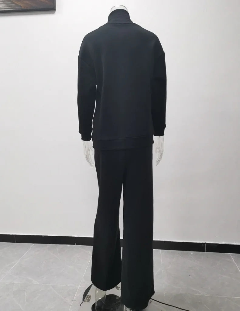 Women Tracksuit Two Pieces Set Long Sleeve Turtleneck Pullover Solid Color Hoodies Wide Leg Pants Drawstring Autumn Casual 2023.