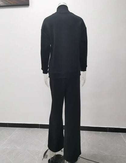 Women Tracksuit Two Pieces Set Long Sleeve Turtleneck Pullover Solid Color Hoodies Wide Leg Pants Drawstring Autumn Casual 2023.