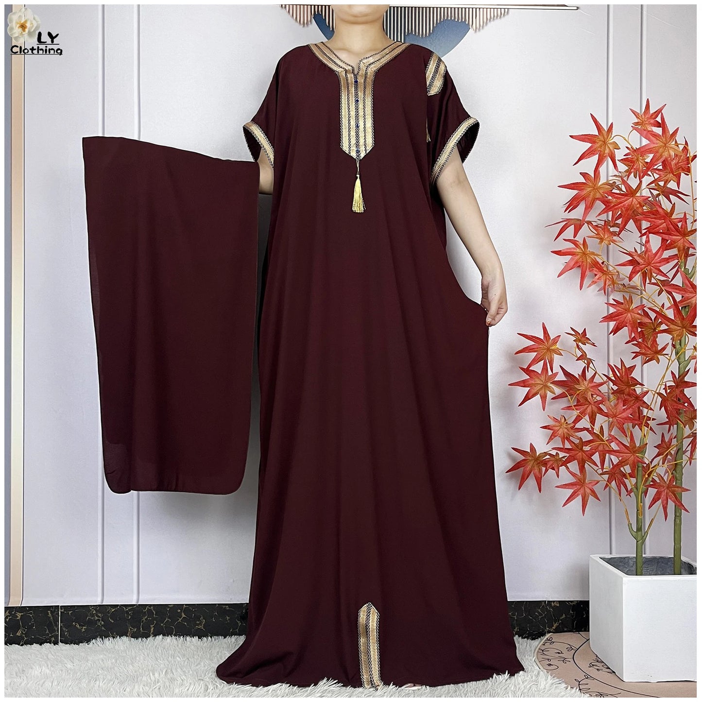 New Muslim Abayas Summer Short Sleeve African Dashiki Tassels Cotton Loose Caftan Lady Maxi Islam Casual Dresses With Headscarf.