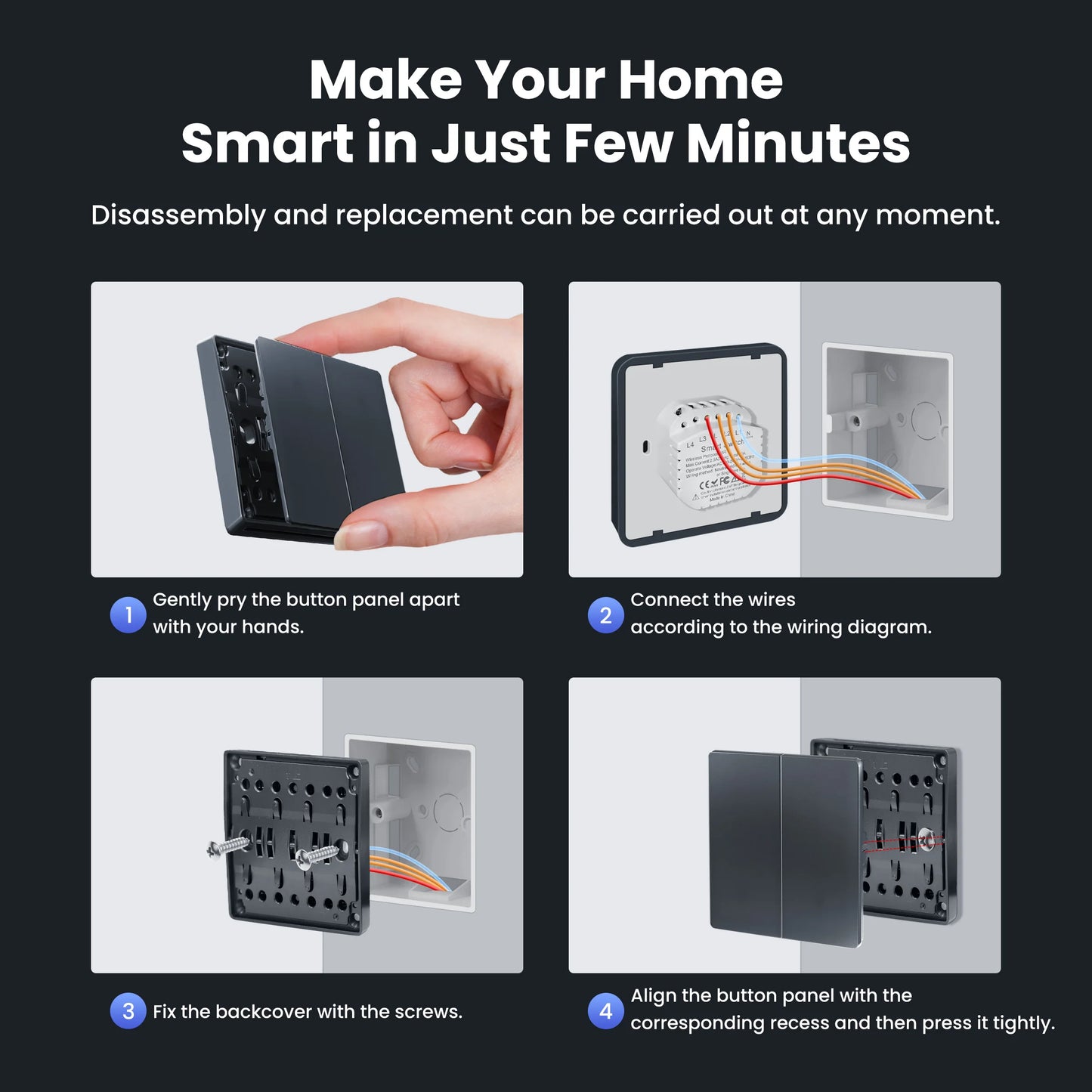 GIRIER Smart Lichtschalter WiFi Druckknopf Wandschalter Neutralleiter erforderlich 1/2/3/4 Gang Funktioniert mit Tuya Alexa Google Home.