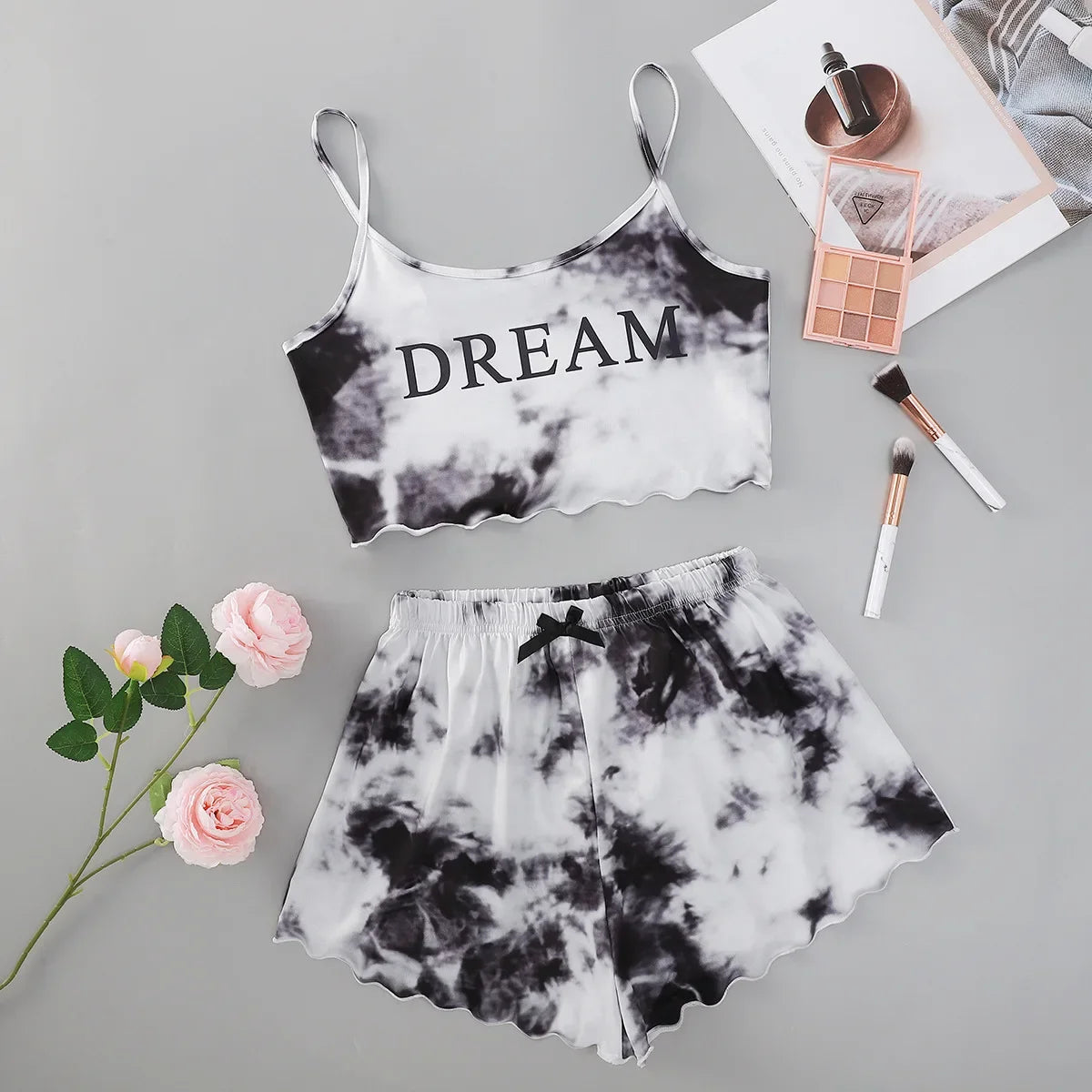 Sommer pyjamas setzt Frauen Nachtwäsche sexy Dessous niedlichen krawatten gefärbten Druck ärmellose O-Ausschnitt dünne Tops mit Shorts Set Unterwäsche.