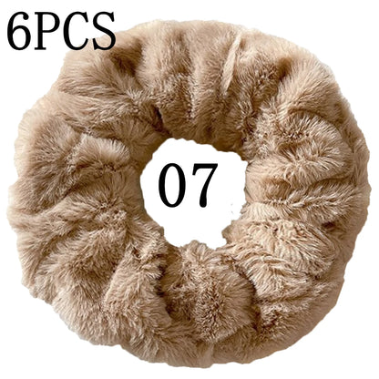 6pc Hair Scrunchies Furry Elastic Band Women Girl Ponytail Holder Rubber Ties Accessories Plush Faux Fur Soft Chiffon Headband