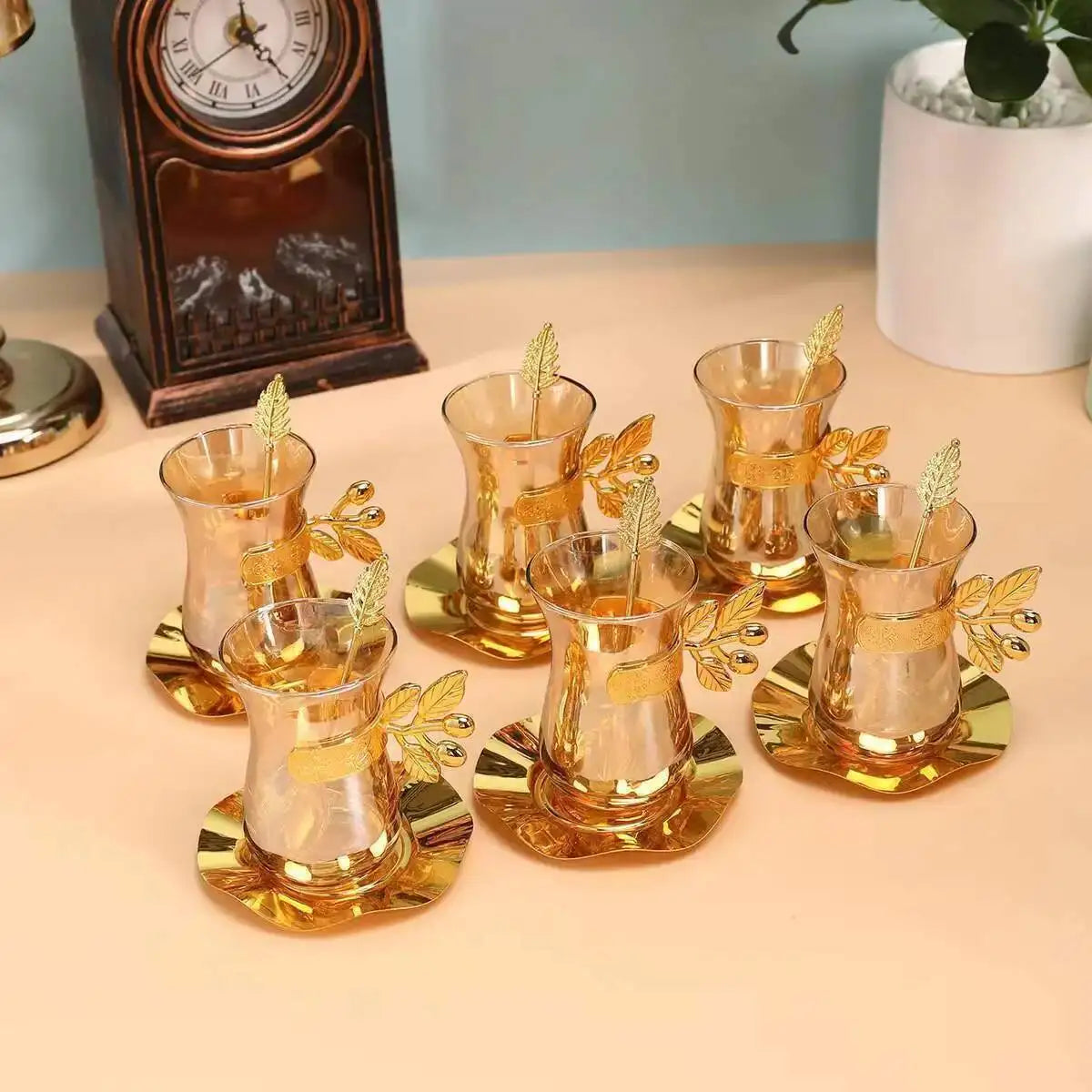 Turkey Coffee Glass Sets Luxury Style Gold Coffee Cups And Plates Set Black Tea Cup Saucer Teaspoon Set Espresso Mug Home Teacup.