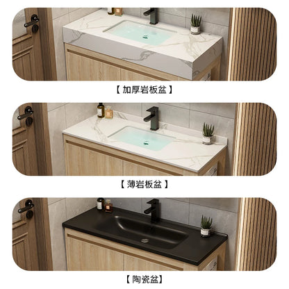 Leichter Luxus-Badezimmerschrank-Kombination, Badezimmer-Waschbecken, Gesichtswaschbecken, Toilettenholz, Waschbecken aus Keramik, integriertes Waschbecken im japanischen Stil
