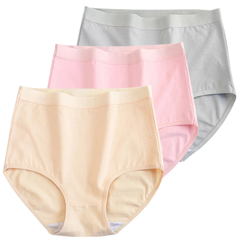 3pcs Cotton Women Panties Lady Plus Size Underwear Large Size High Waist Briefs Breathable Solid Color Female Lingerie