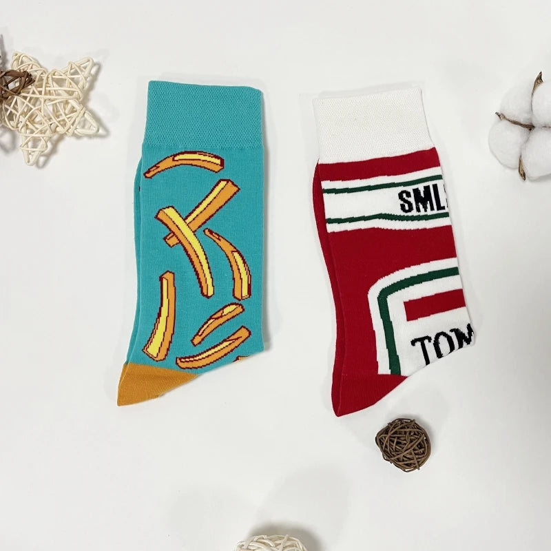 1 Pair Unisex Funny AB Style Tomato Ketchup French Fry Printed Mid-Calf Socks Suit In All Seasons.