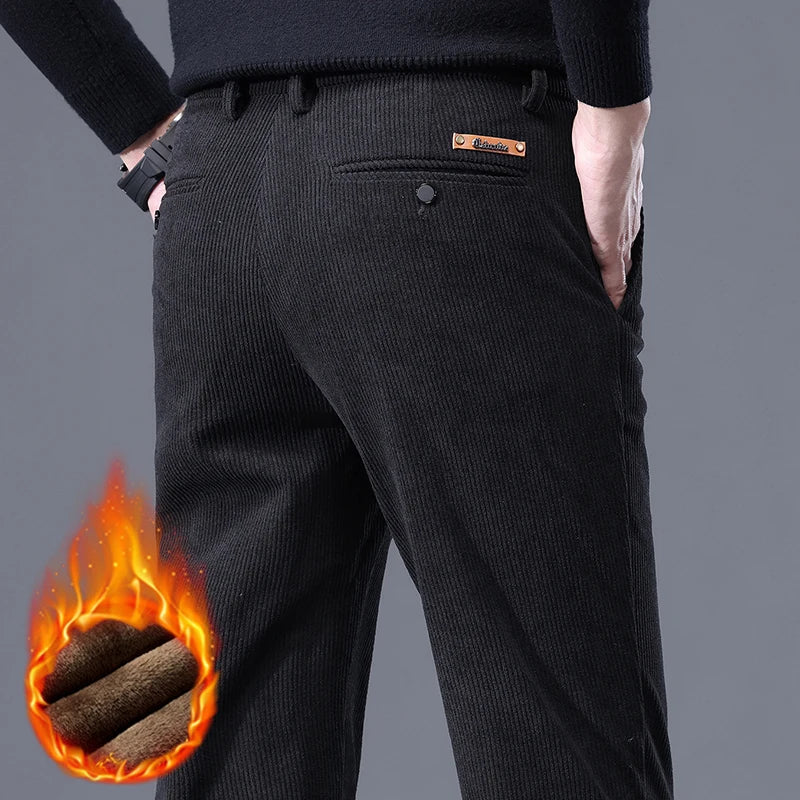 Khaki Black Gray Fleece Men's Corduroy Casual Pants Chenille Thick Stretch Business Trousers Mid-rise Brand Winter Thermal Pants