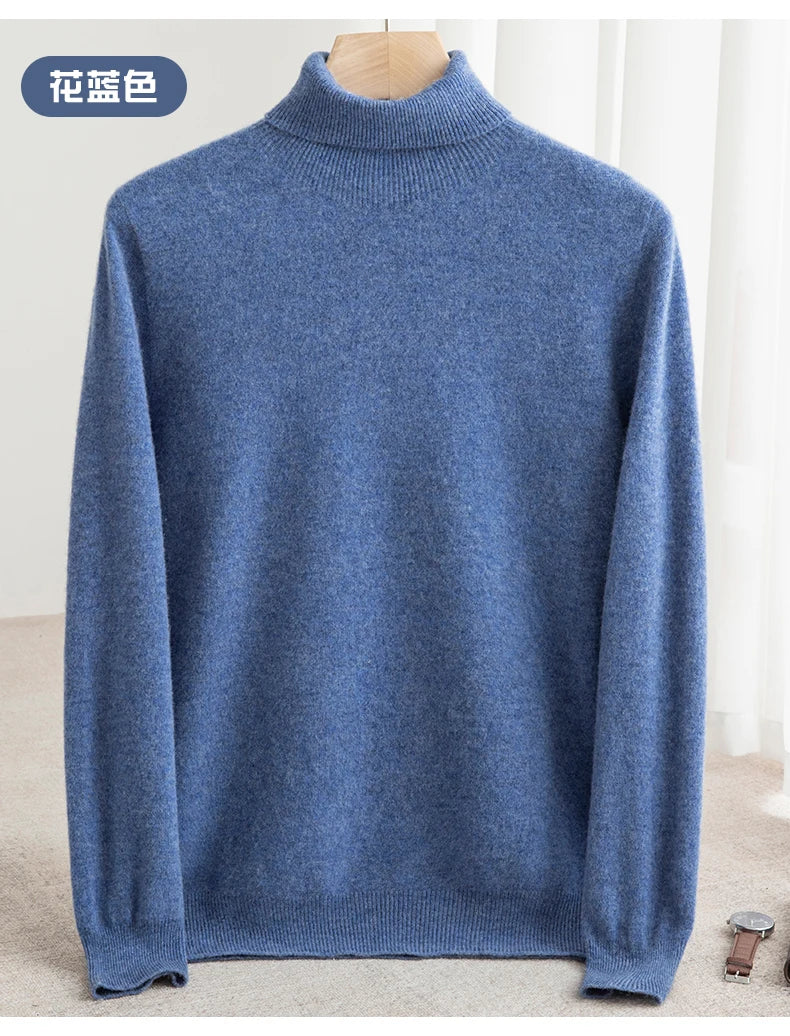 Men 100% Merino Wool Sweater Turtleneck Knitted Pullover Cashmere Warm Solid Color Clothes Business Bottoming Tops Autumn Winter