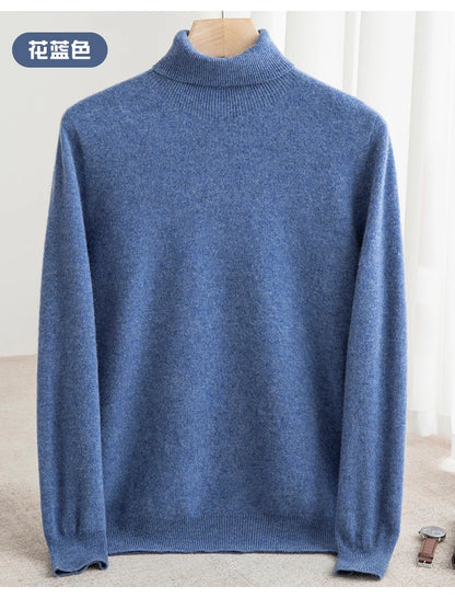 Men 100% Merino Wool Sweater Turtleneck Knitted Pullover Cashmere Warm Solid Color Clothes Business Bottoming Tops Autumn Winter
