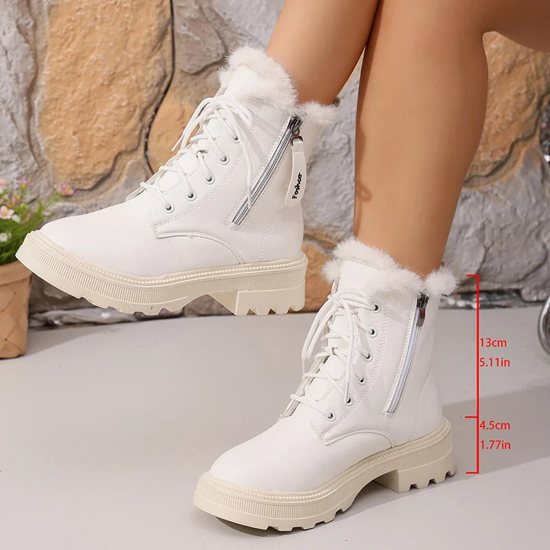 Women's Autumn Winter Ankle Boots Thick Sole Warm Plush Cotton Shoes Woman Fashion Black White Pu Leather Platform Botas Mujer.
