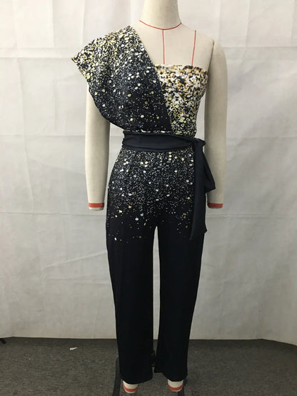 Women Jumpsuits Sleeveless Rompers Overalls Solid One Piece Pencil Pants Slim Belt Slight Strech Spliced Sequins Office Lady.