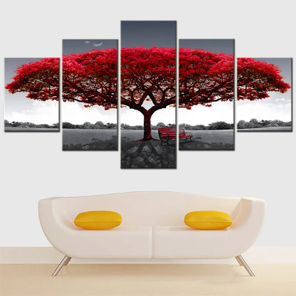 Nature 5 Pieces Canvas Art Wall Decor Painting Abstract Red Tree Sunset Picture Modular Home Decoration Poster Print Photo Frame.