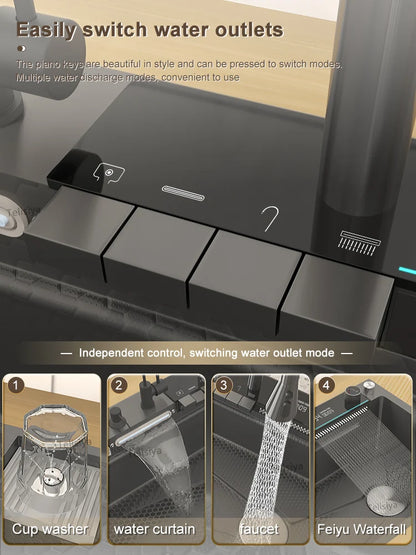 Various Waterfall kitchen Sink  Stainless Steel Multifunctional Large Single Slot Digital Display Sinks