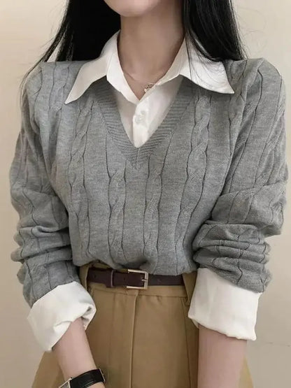 Mode Winter Gestrickte Pullover Frauen Casual V-ausschnitt Pullover Alle-spiel Weibliche Kleidung Lose Gefälschte Zwei Artikel Kurze Tops Jumper