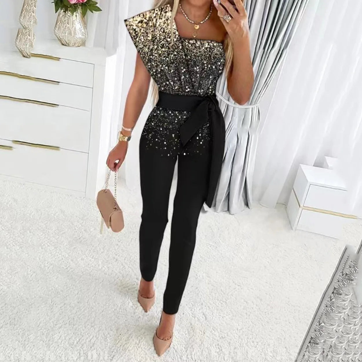 Women Jumpsuits Sleeveless Rompers Overalls Solid One Piece Pencil Pants Slim Belt Slight Strech Spliced Sequins Office Lady