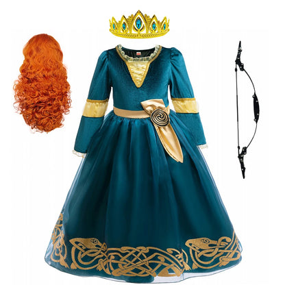 Girls Merida Cosplay Princess Dress Children Stage Performance Clothes Kids Halloween Carnival Party Long Sleeves Outfits