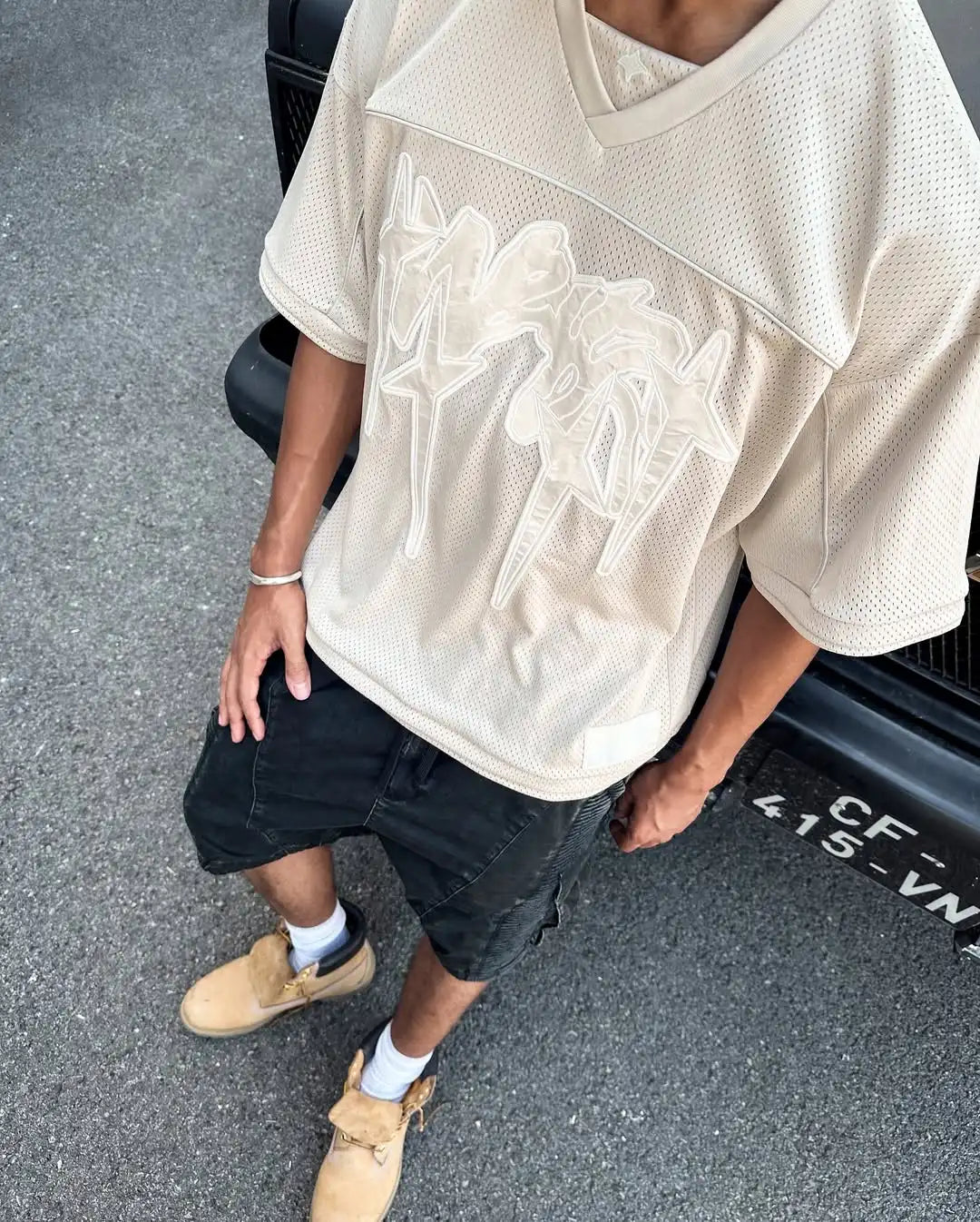 American fashion trend Gothic letter embroidery pattern oversized T-shirt men's retro loose fitting pullover short sleeved shirt.