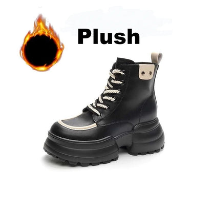 WOIZGIC Women Ladies Mother Genuine Leather Ankle Boots Shoes Lace Up Increase Inside British Style Autumn Winter Plush Fur Warm.