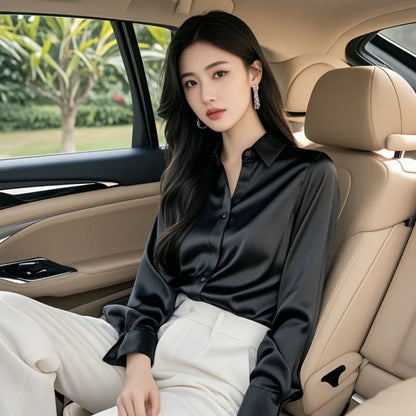 2025 Summer Women's Satin Shirts Elegant Plain Long Sleeve Blouse Office Lady Button-Up Shirt Top Female Shirts Blouse Autumn.