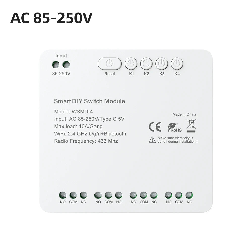 AVATTO Tuya WiFi 4-Kanal-Schaltmodul, 7–32 V/85–250 V RF433 Fernbedienungsrelais-DIY-Modul, funktioniert mit Alexa, Google Home, Alice