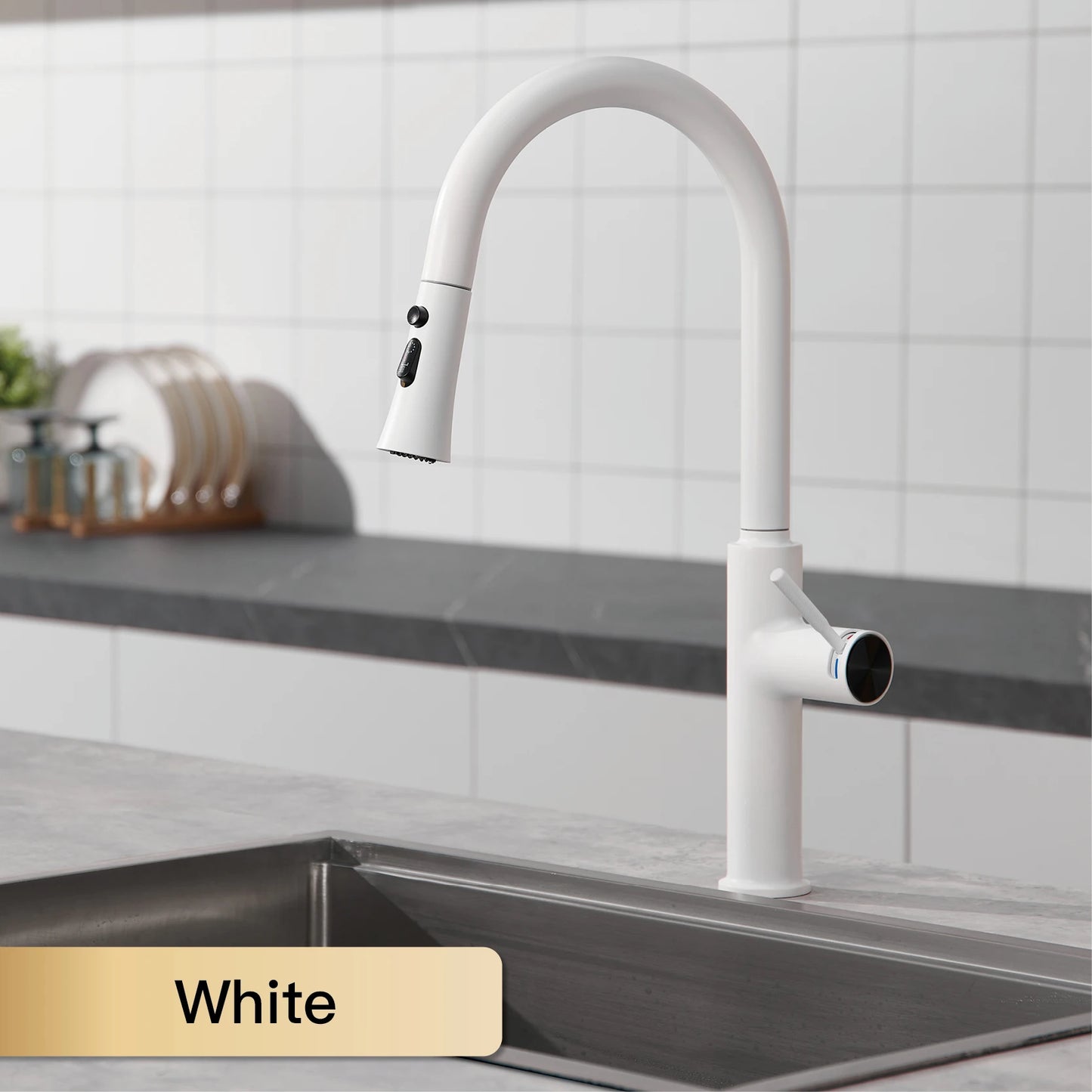 Luxury brushed gold kitchen faucet with pull-out design, 1-hole single handle cold and hot dual control dual function sink Tap