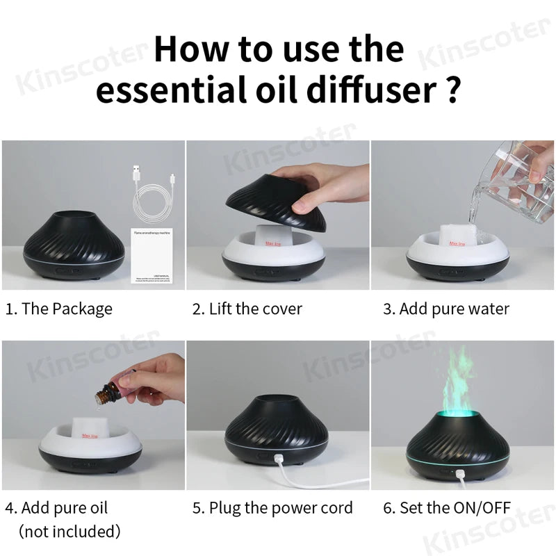 KINSCOTER Volcanic Aroma Diffuser Essential Oil Lamp 130ml USB Portable Air Humidifier with Color Flame Night Light.