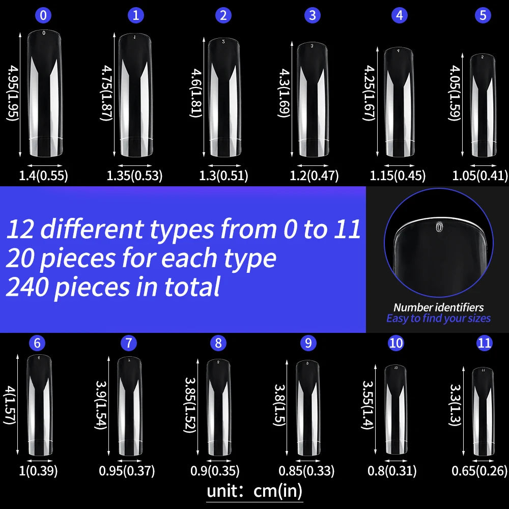 240PC Professional 3XL Extra Long Clear Square Nail Tips 12 Sizes Half Cover Acrylic Nails NO C CURVE Long Square Fake Nail Tips.