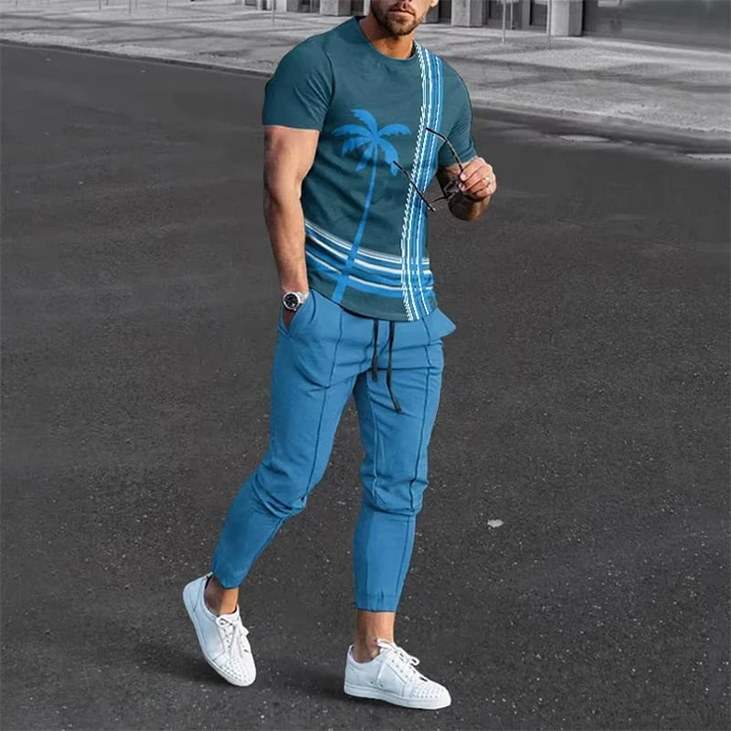 Spring Men Short T-shirt Trousers Suit 3D Printed Newest Retro Casual Men T-shirt Trousers Suit Man Short Sleeve Long Pants Sets.