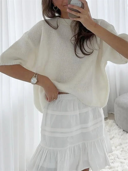 Damen Frühling Herbst Strickpullover Halbarm O Hals Einfarbig Lässige Strickwaren.