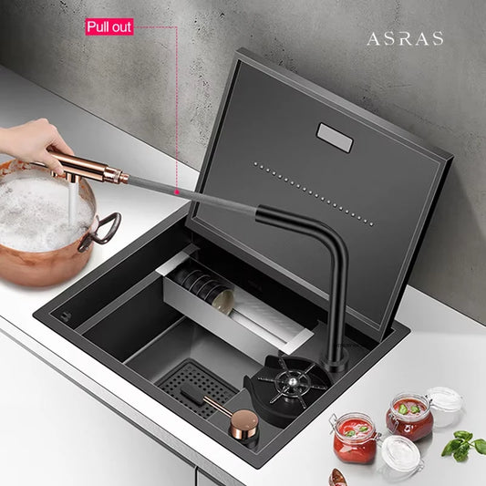 ASRAS Hidden Bar Island kitchen Sink Nanometer SUS 304 Flip Cover Hidden Handmade Small Size kitchen Sinks With Cup Rinser