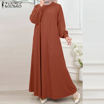 ZANZEA Fashion Muslim Abaya Women Autumn Maxi Sundress Casual Long Sleeve Kaftan Hijab Vestido Solid Loose Islamic Clothing 2024.