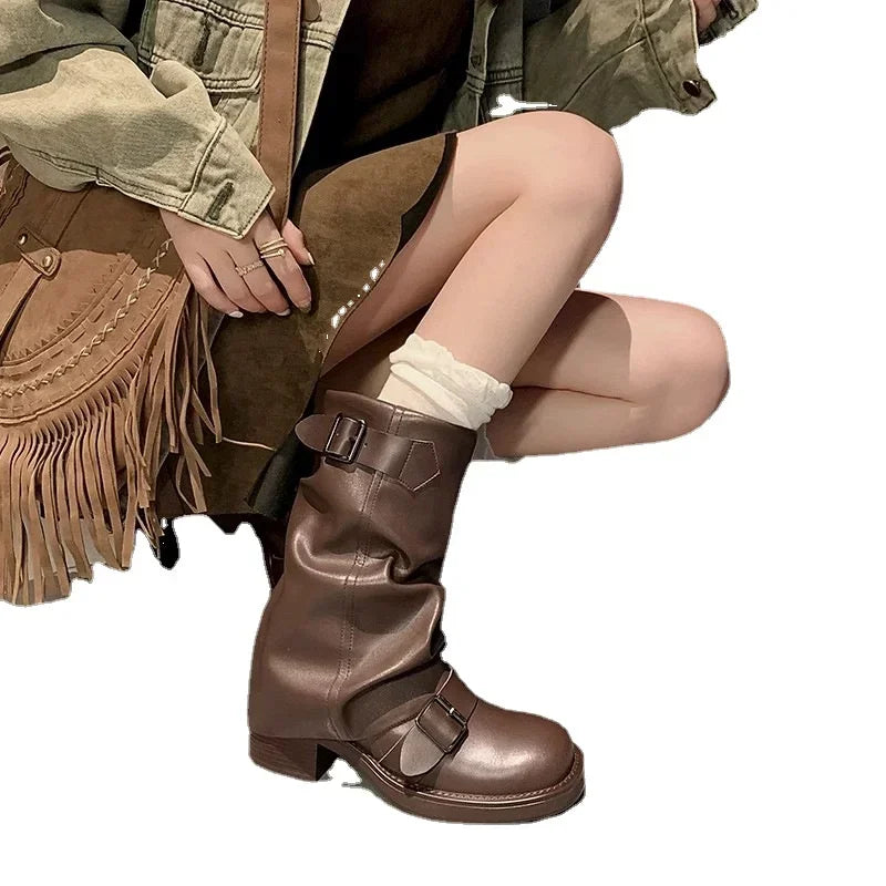 Pleated Buckle Knight Boots for Women Autumn Brown PU Leather Mid Calf Boots Woman Slip-On Thick Heel Riding Botas Mujer 2024.