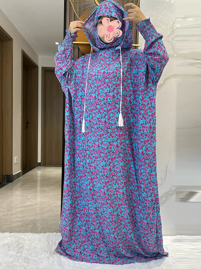 New Ramadan Muslim Two Hats Abaya Dubai Turkey Islam Prayer Clothes Floral Cotton Long Dress Islam Women Dress Kaftan.
