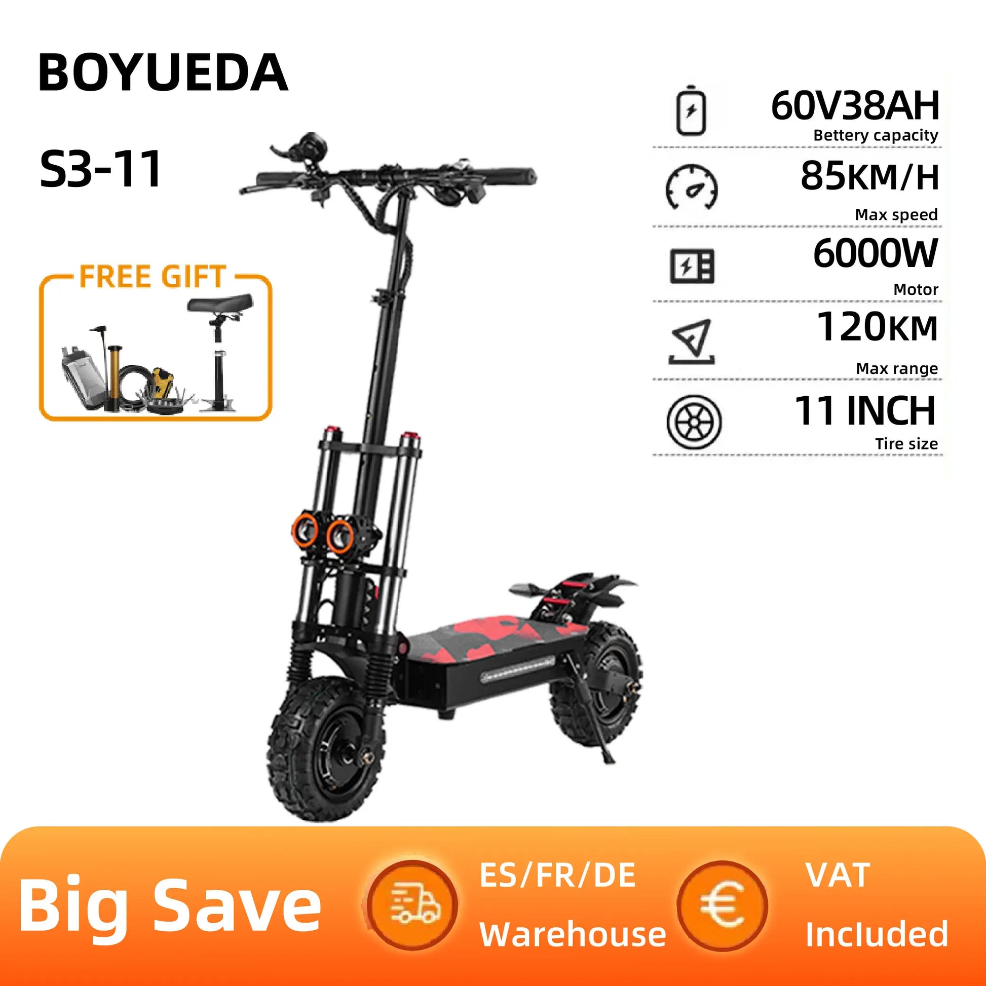 BOYUEDA S3 -11E-Scooter 6000 W Double Motor 60V 38Ah Off-road Scooters Electric 11 -Inch City Folding Electric Scooter.