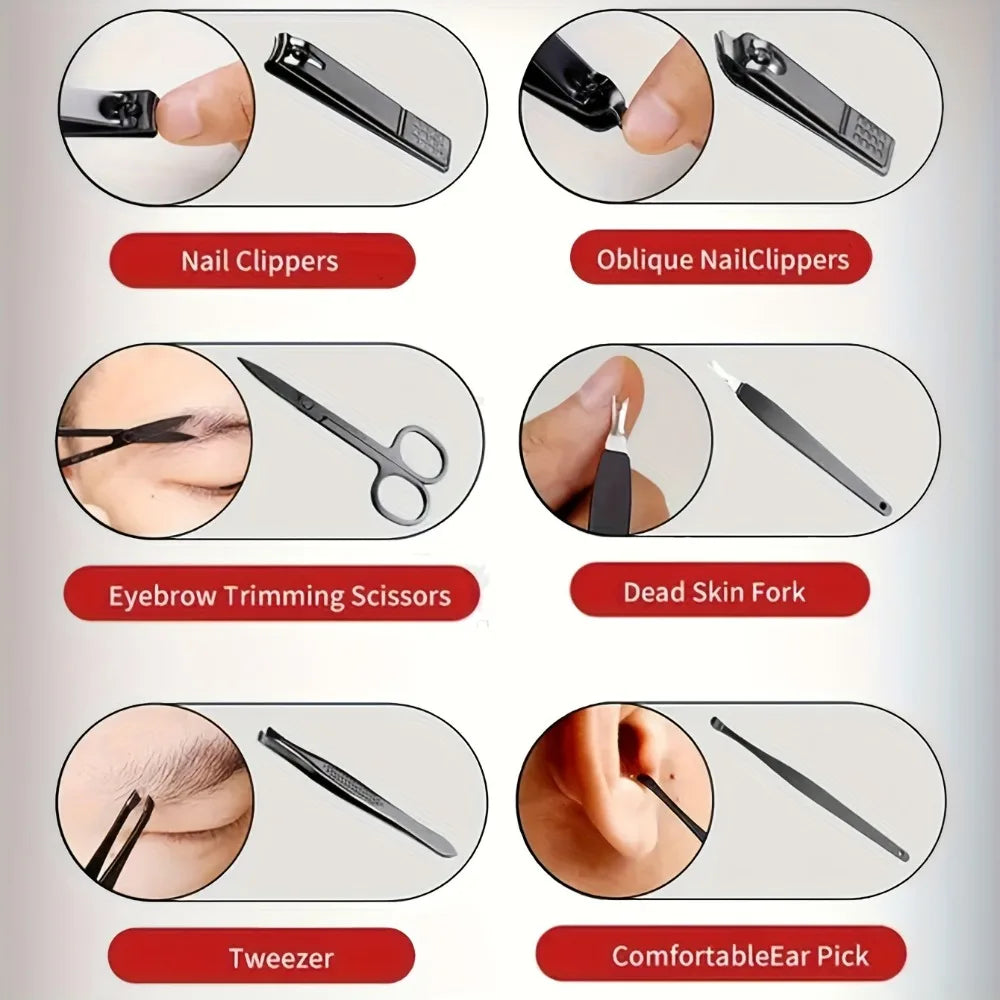 7Pcs Unisex Stainless Steel Manicure Set with Nail File Portable Travel Grooming Kit Nail Scissors Grooming Tools Kit Clippers.