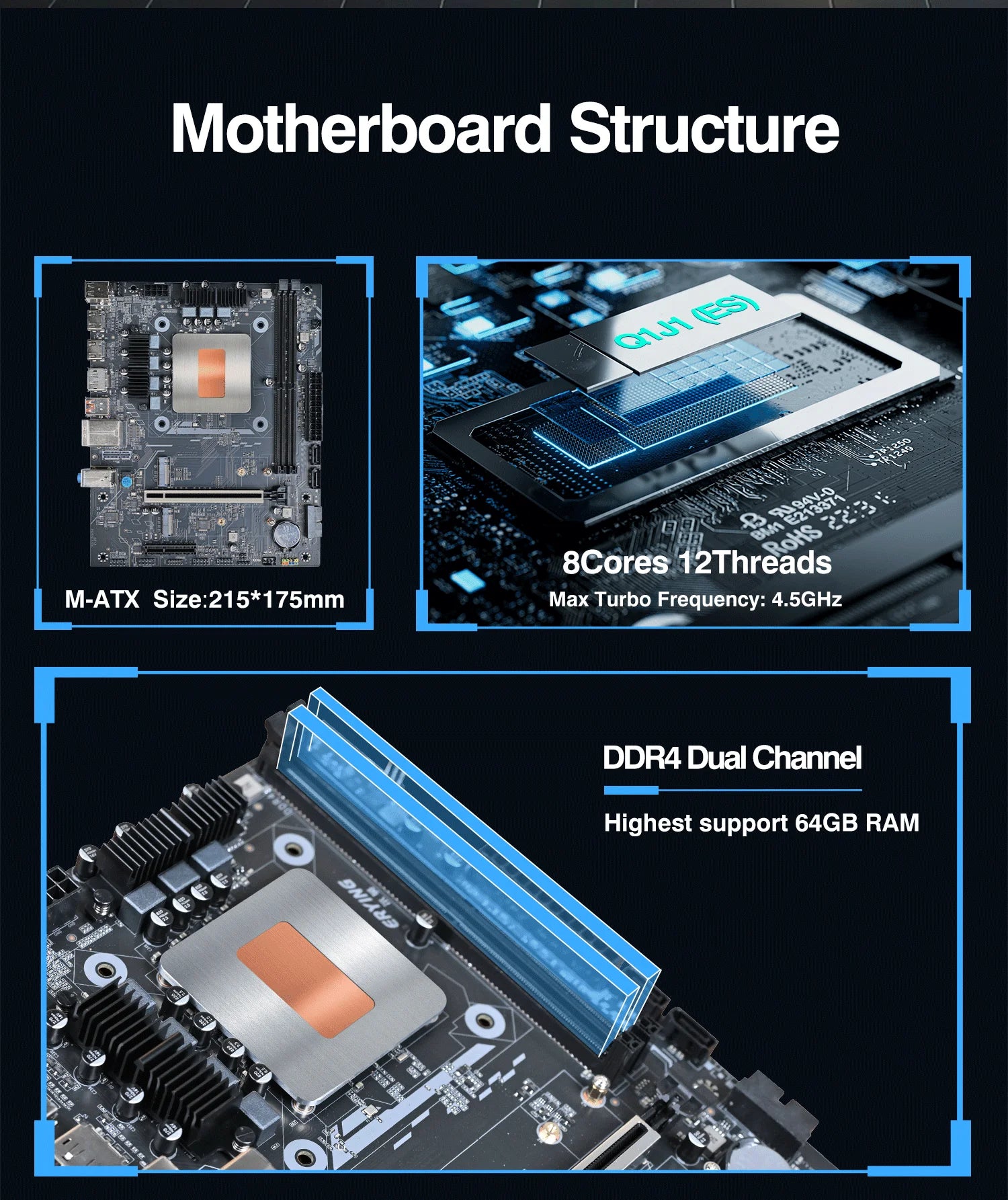 DIY Gaming Computer Motherboard with Onboard CPU 13th Core Interpose Kit Q1J1 ES 0000 8C12T DDR4 RAM LGA115X Desktop PC.