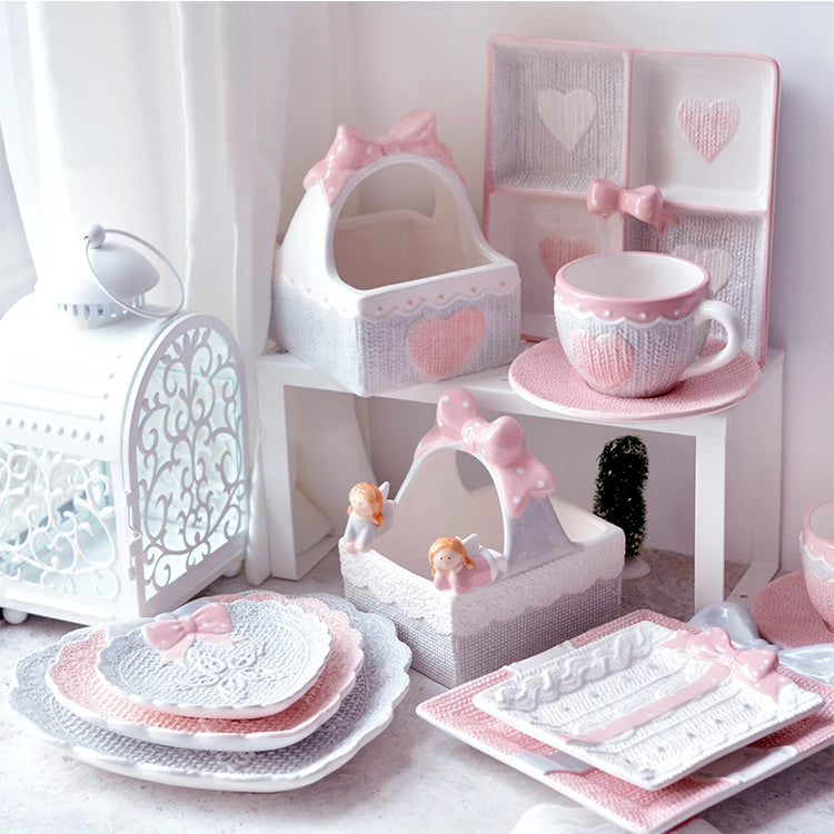 250ml Ceramic Tea Cup And Saucer Set Kawaii Bowknot Coffee Cup Dish Pink Wool Knitting Mug Microwave Safe.