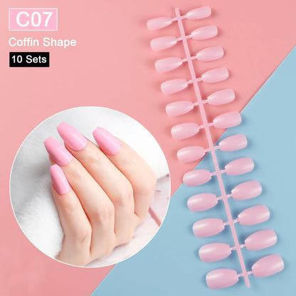 10 Sets/Pack Mixed Solid Colors Coffin Round Square Almond Shape False Nails Full Cover Nail Tips Short Fake Nails Tip Manicure