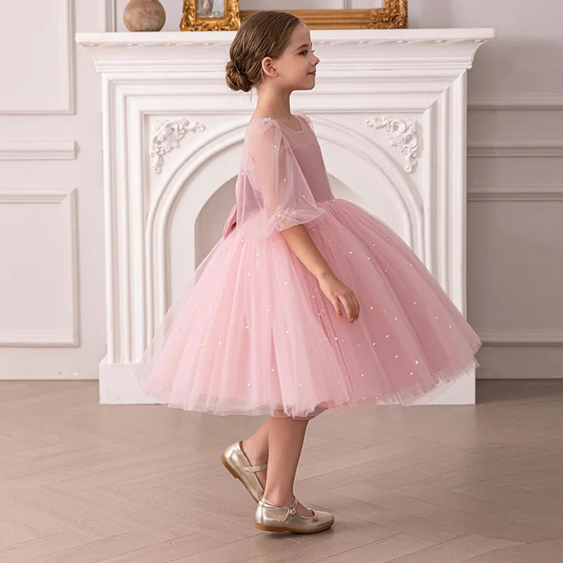 Kinder Kleider V-Rücken Große Schleife Perlen Prinzessin Kleid Geburtstag Party Tüll Kleid Für Mädchen Leistung Hochzeit Prom Flauschigen kleid.
