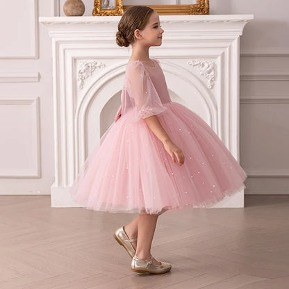 Kinder Kleider V-Rücken Große Schleife Perlen Prinzessin Kleid Geburtstag Party Tüll Kleid Für Mädchen Leistung Hochzeit Prom Flauschigen kleid.