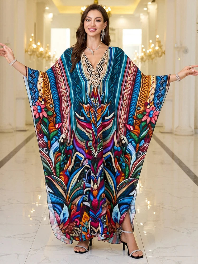 Kaftan-Kleider für Damen, Wellenhals-Badeanzug, Überwurf, Kaftan-Kleid, Übergröße, übergroßes langes Strandkleid.