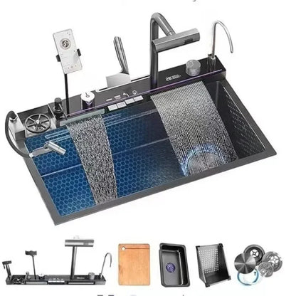 Großes Einzelschlitz-Wasserfallspülbecken aus Edelstahl 304, Digitalanzeige, geprägtes Waschbecken, Haushaltswaschbecken